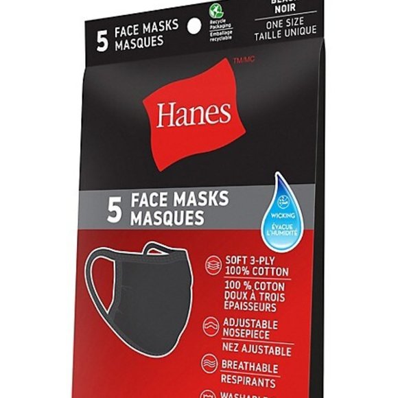Hanes Accessories 4 X Hanes 5 Pack Black Cotton Face Masks One Size